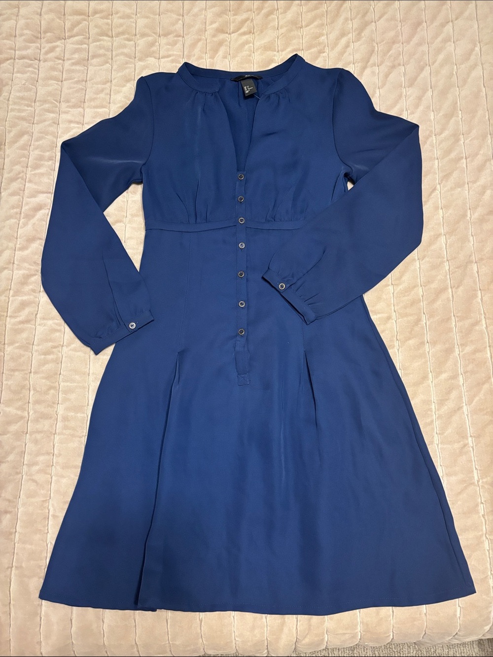 H&M Navy Blue Long Sleeve Button-Front V Neck Dress Size 6 NWT